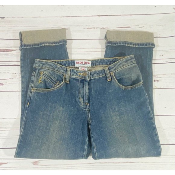 BISOU BISOU Jeans Womens Sz 4 Denim Cuffed Capris Rolled Hem Tinted Wash - Picture 2 of 8